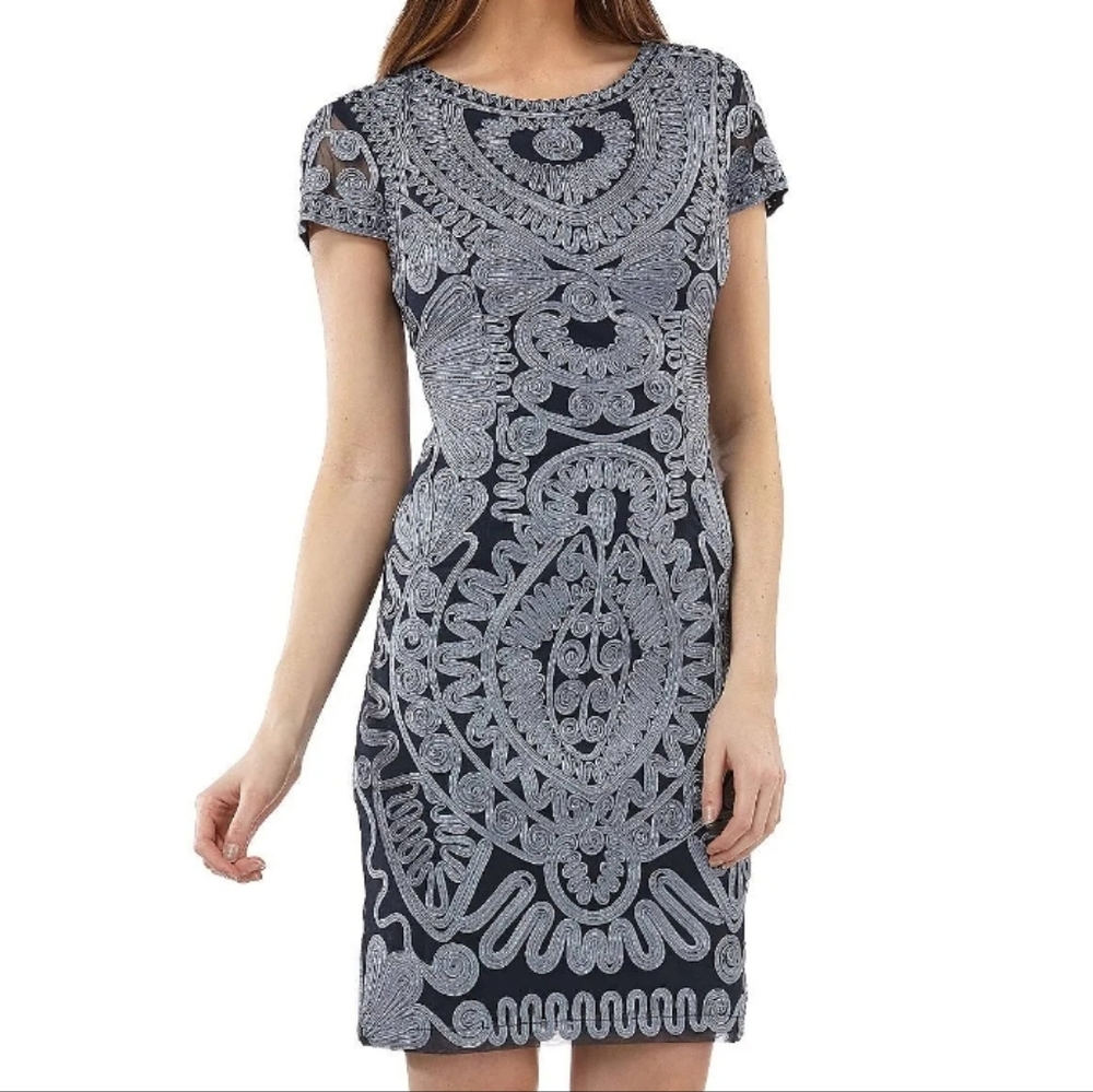 JS Collections Navy and Silver Embroidered Sheath Dress